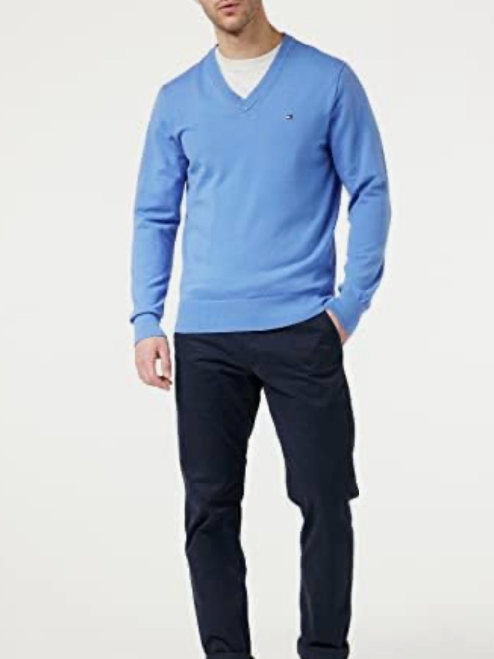Tommy Hilfiger Men's Light Blue V-Neck Cotton Sweater